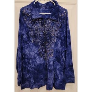 Catherines Size 1X (18/20) Blue Print Embellished Zip Front Jacket w/2 Pockets